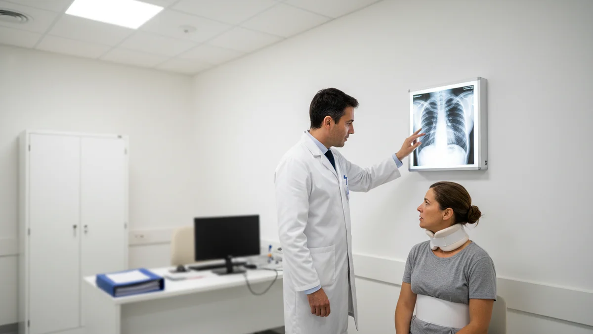 Radiografía torácica de fractura de costillas por impacto contra volante o cinturón de seguridad
