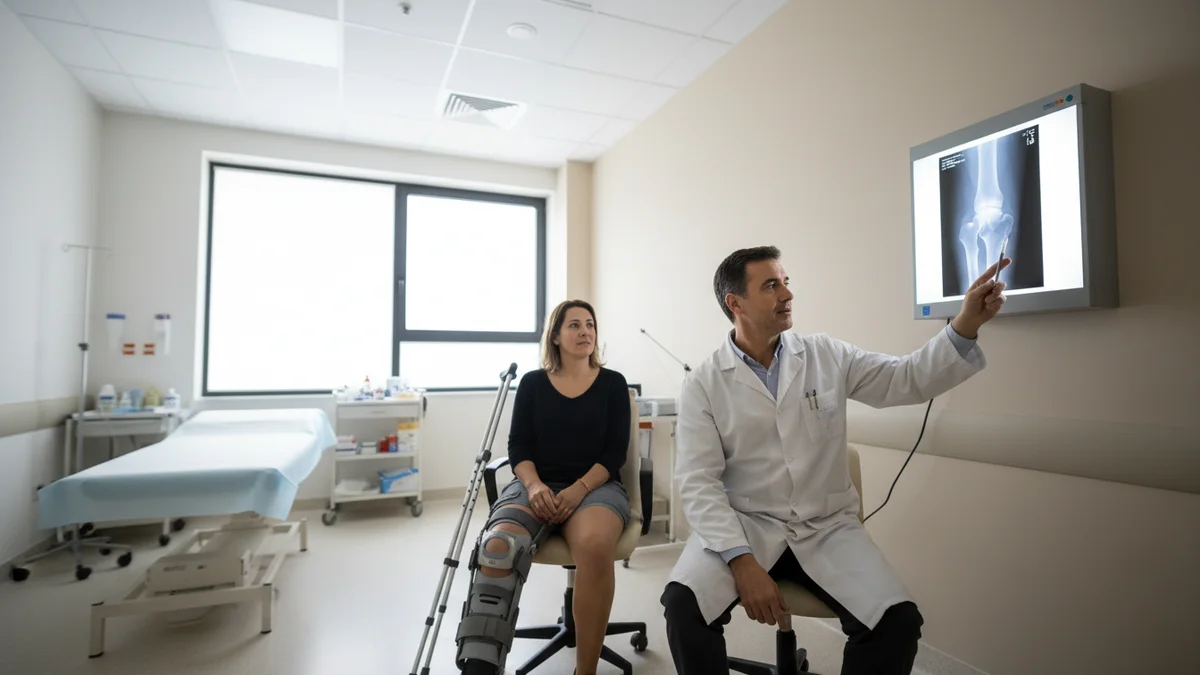 Radiografía de fractura de fémur con clavo intramedular y rehabilitación traumatológica