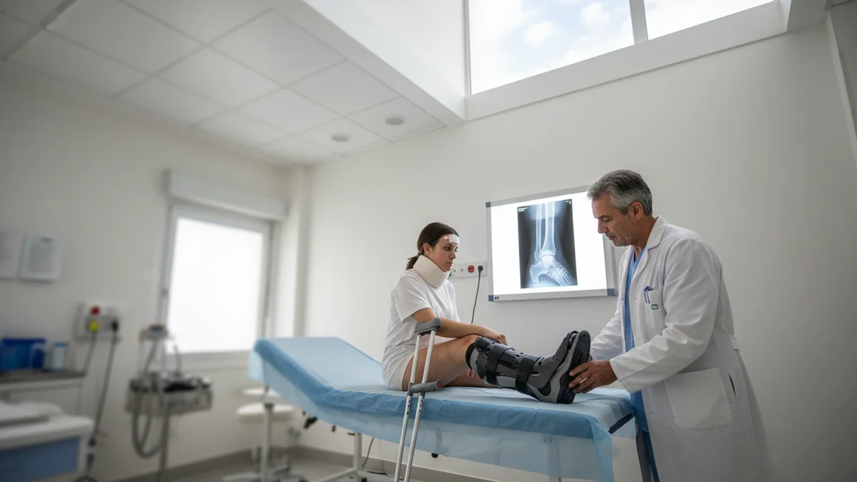 Valoración traumatológica de fractura de tibia con bota ortopédica Walker y radiografía