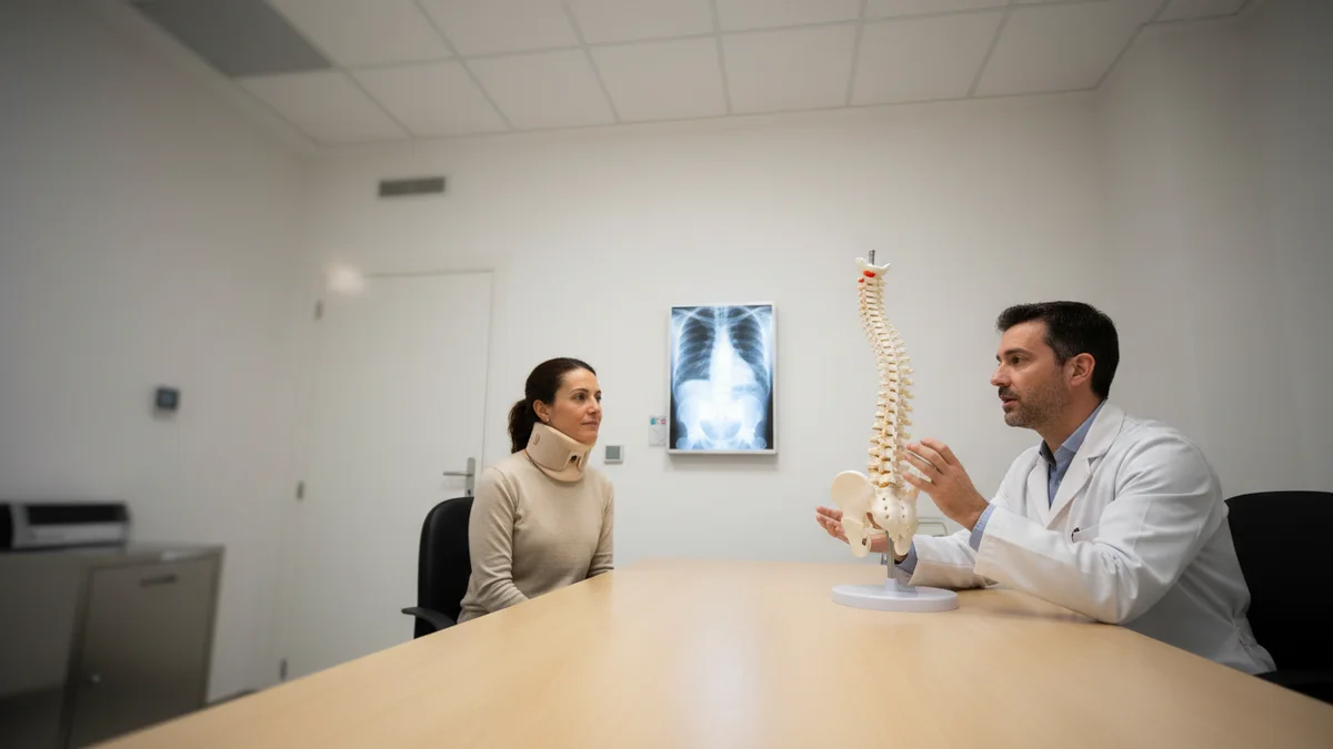 Neurocirujano analizando resonancia magnética de hernia discal cervical provocada por accidente de tráfico