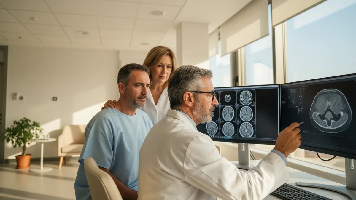 Neurólogo evaluando TAC cerebral y resonancia por traumatismo craneoencefálico en accidente