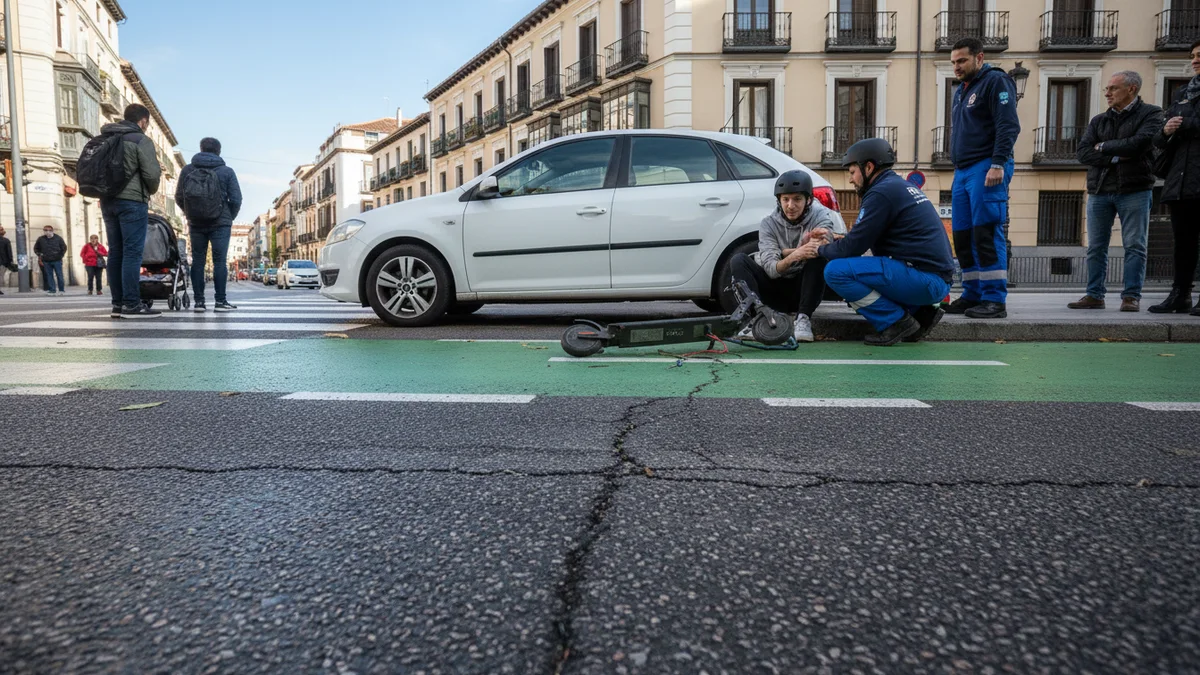 Accidente entre coche y patinete eléctrico VMP en intersección de carril bici urbano